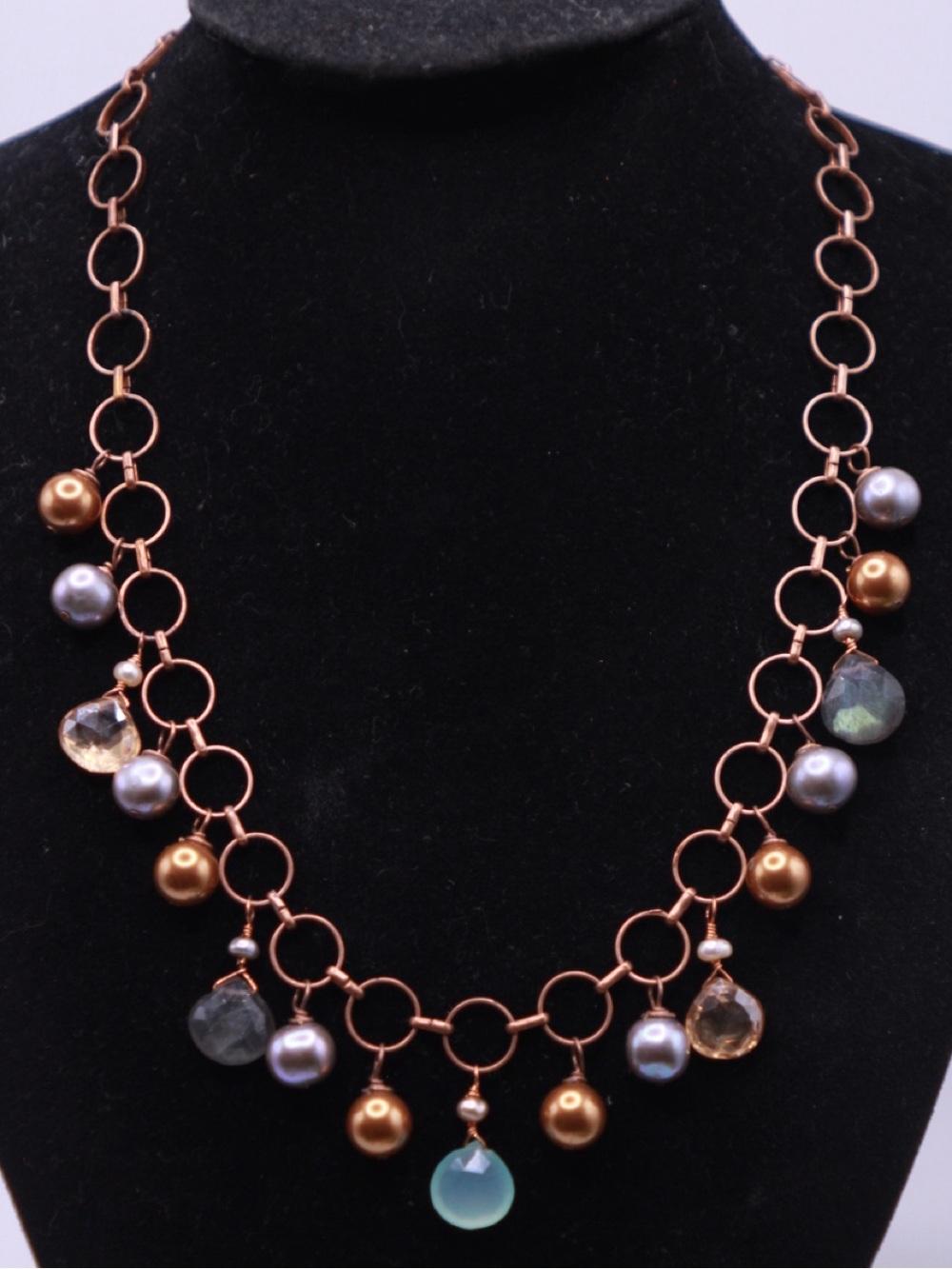 Copper Circle Chain Necklace with Gold and Gray Shell Pearl Drops with gemstones